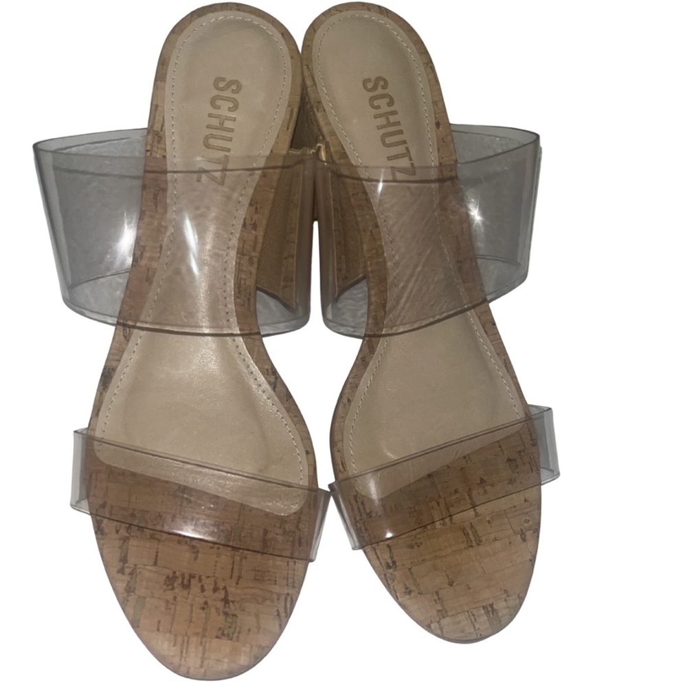 Schutz Victorie Slide Mule Sandals - Natural Cork & Transparent Clear Straps, 7B